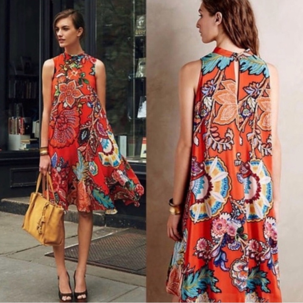 Anthropologie Maeve Orange/Floral Sleeveless Swing Dress